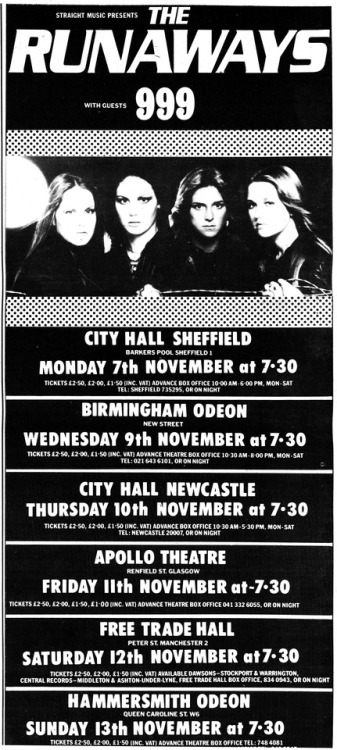 runaways tour UK November ‘77