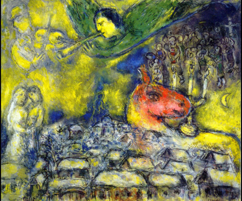 artist-chagall:Angel over Vitebsk, 1977, Marc ChagallMedium: oil,canvashttps://www.wikiart.org/en/ma