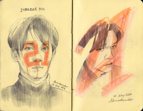 abusedmember:Various sketches on Moleskine; of random EXO moments (pt. 8):Sehun quick sketch before 