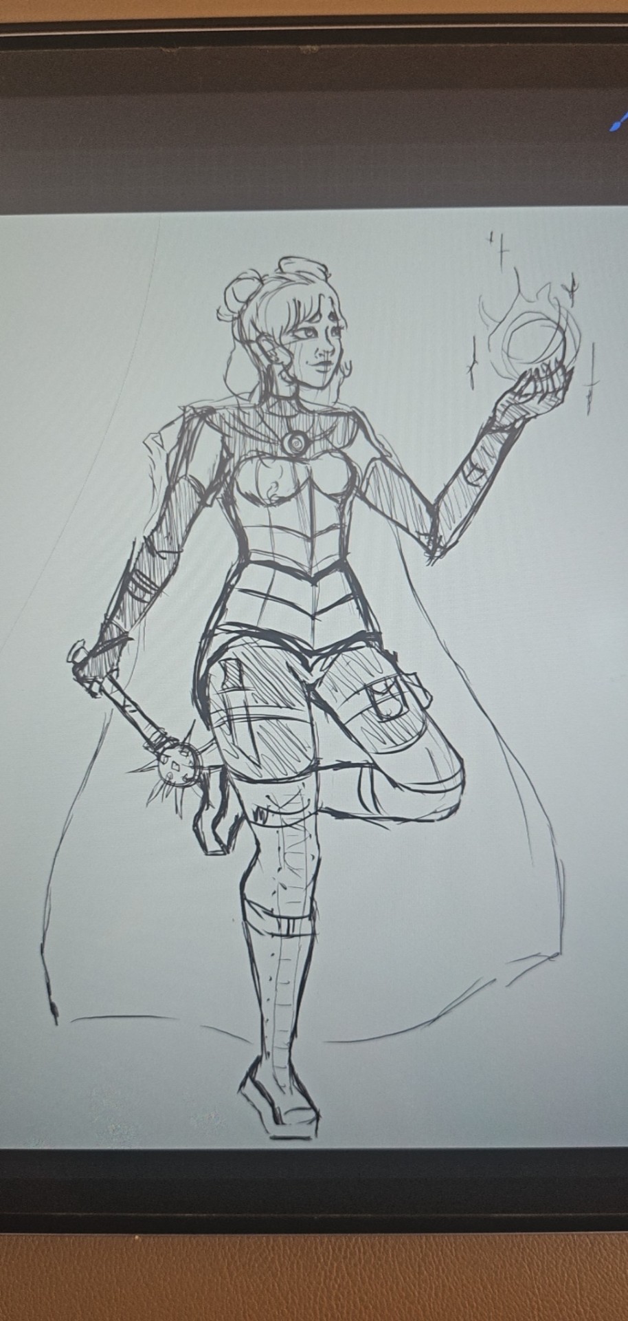 rough sketch of a human cleric character, half bun/braided hair, breastplate armor, large cloak, thigh high boots, long dark sleeves holding a morningstar in one hand and an orb of magic in the other. softly smiling.