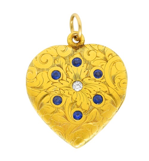 Art Nouveau gold, diamond, and sapphire engraved heart locket, c. 1905 (at Wilson’s Estate Jew