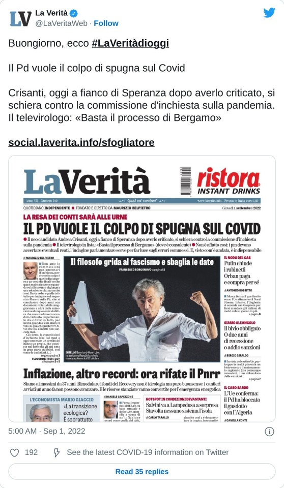 Buongiorno, ecco #LaVeritàdioggi  Il Pd vuole il colpo di spugna sul Covid  Crisanti, oggi a fianco di Speranza dopo averlo criticato, si schiera contro la commissione d’inchiesta sulla pandemia. Il televirologo: «Basta il processo di Bergamo» https://t.co/ywWcjUyacQ pic.twitter.com/sPNZBvLTm8  — La Verità (@LaVeritaWeb) September 1, 2022