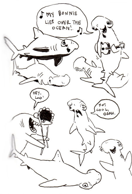 sketchshark:  Shark Week Sketchbookery 2!! Basking shark, bonnet head shark, and of course the Great White Shark. 