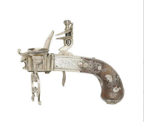 Ornate silver inlaid flintlock tinder lighters, signed “Wilson of London”, dated 1778.fr