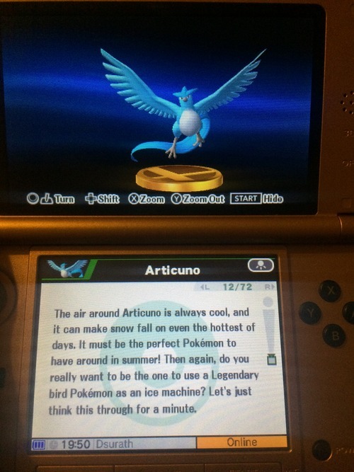 dsurath21:  So I was going through my trophy gallery in the new Smash and got to the Articuno trophy, and was expecting the entry to be something about how majestic it is but instead- 