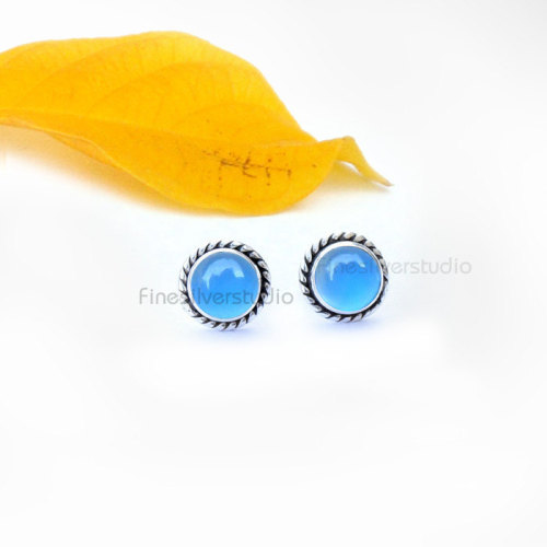 Blue Chalcedony Stud Earrings, Stud Earrings, Silver Post Rope Earrings, Simple Stone Studs, Blue St