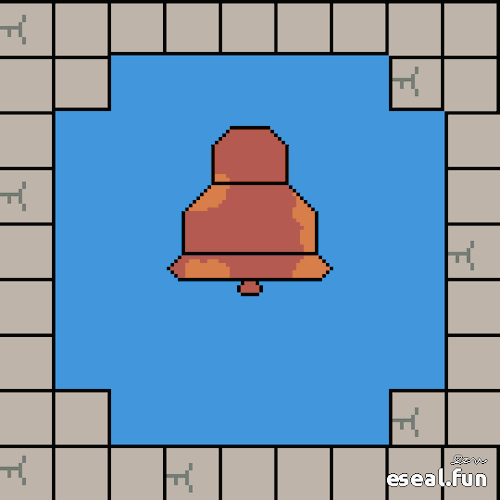 wizpolys:Daily Animation 00227: Reverb[Start id: A rusted bell hangs in the middle of a pool in a de