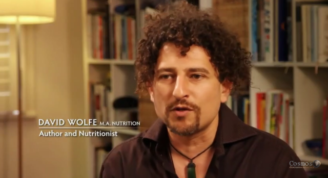 An image of David Wolfe, a man with curly brown hair and a goatee. There is a chiron on the screen that reads "David Wolfe - M.A. Nutrition: Author and nutritionist"
