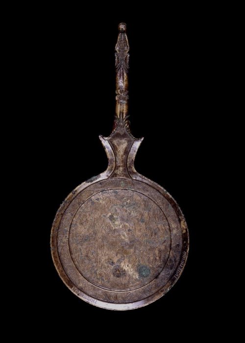 apuleiaprimilla:Bronze circular mirror with engraved scene illustrating an Etruscan legend. Cacu (La