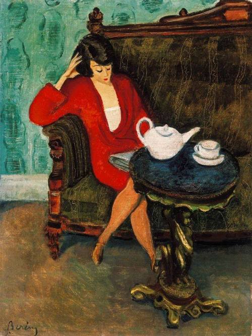brvegel:Woman in red green room (Breakfast), Berény Róbert. Hungarian Painter