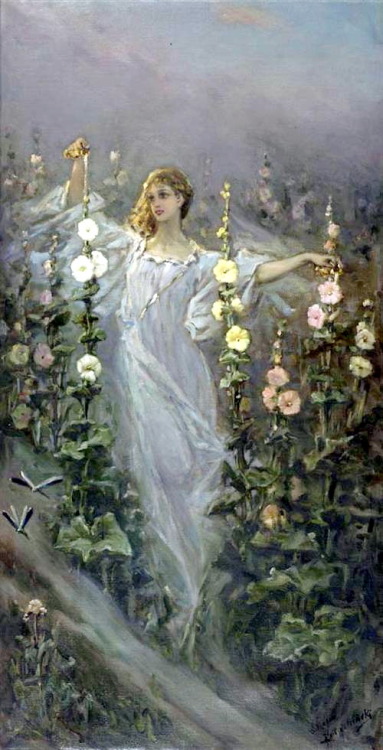 Girl Between Hollyhocks, 1900, Wilhelm KotarbinskiMedium: oil,canvashttps://www.wikiart.org/en/wilhe