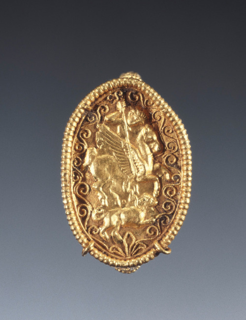thegetty:  Put a Ring on It Who wouldn’t want to wear a gold ring featuring the slaying of a Chimaera, a mythological beast with the head and body of a lion, a goat’s head on its back, and a snakes head as a tail.  Oh, and it breathes fire. (And