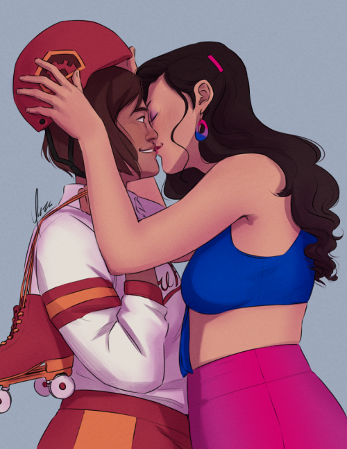 yinza:Patreon reward of some 70s AU Korrasami~[Image Description: Digital fanart of Korra and Asami. Korra is wearing a white, red, and gold roller derby uniform and holds her skates slung over her right shoulder. Asami is wearing a blue crop top and