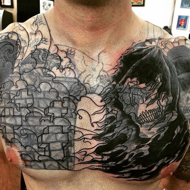 Freehand chest piece to cover up some old tribal Done by Mattia at Markd  in Sydney Australia  rtattoos