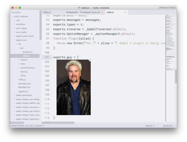 A screenshot of the code section open in MacOS. Most of the code looks fine, but in the middle of the screenshot, on code line 101 it says exports.guy = [ From lines 102 down to 113, taking up most of the entire bottom half of the screenshot, is a vertical photograph of Guy Fieri, a middle aged white man with spiky blonde hair, a black leather jacket and a blue shirt. The photograph crops out anything below that. On line 114, right below the image, is the ] closing bracket for the code on line 101. summary: A photograph of Guy Fieri is enclosed in the code segment that seems to export him if a certain error occurs.