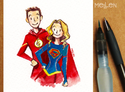 Flash and Super Girl <3 Watercolor illustration