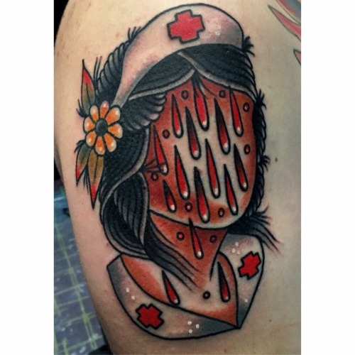 Bloody nurse face by Nicholas G this weekend at the Devil’s Hollow Tattoo and Art Festival in Fort W