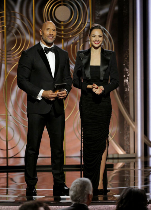 galgadotsource:Gal Gadot and Dwayne Johnson present on stage at the 75 Annual Golden Globe Awards in Los Angeles, California, January 7, 2018. 