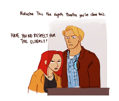 seadeepspaceontheside:mishastolethetardis - Imagine the Avengers going to the movies and Natash