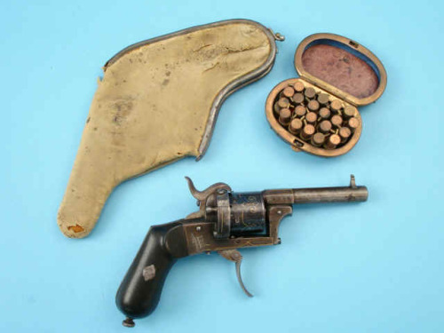 Belgian 7mm pinfire revolver with pouch, mid 19th century.