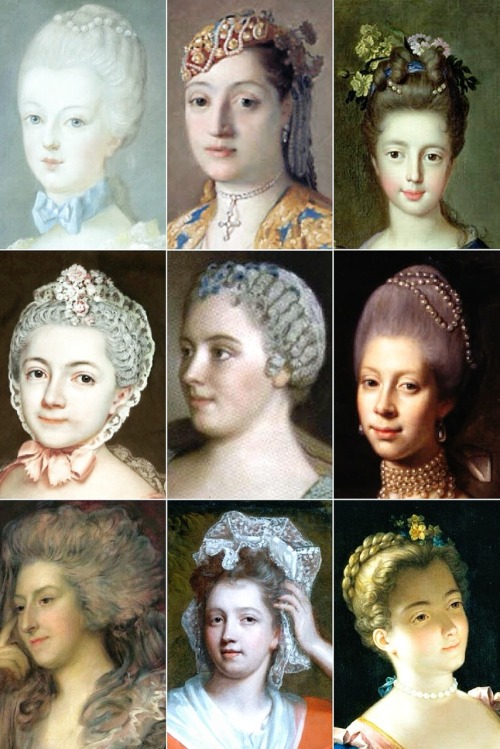 thevintagethimble:  18th Century Woman’s HairstylesA collection of 18th Century paintings from France & England, depicting some of the hairstyles of the time, among them the tête de mouton (or “sheep’s head”), the pouf & the hérisson