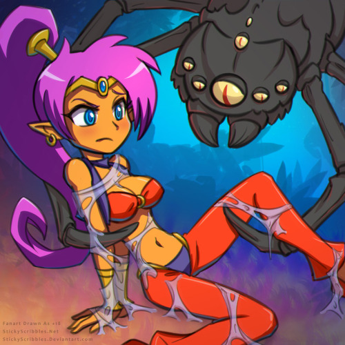 Shantae Two Spider Bondagea Curious Giant Inspects Shantae Stuck In Their Web. Sticky