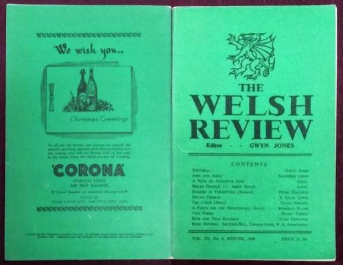 Photograph of the front and back cover of the magazine "The Welsh Review", printed in black ink on green paper.