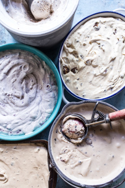 sweetoothgirl:  No Churn Ice Cream 5 Ways (Bourbon Cherry and Cacao Nib, Blackberry Lavender, Sea Salt Honey and Dark Chocolate Chunk, Espresso Chip, &amp; Malted Vanilla and Peanut Butter Cup Chip)