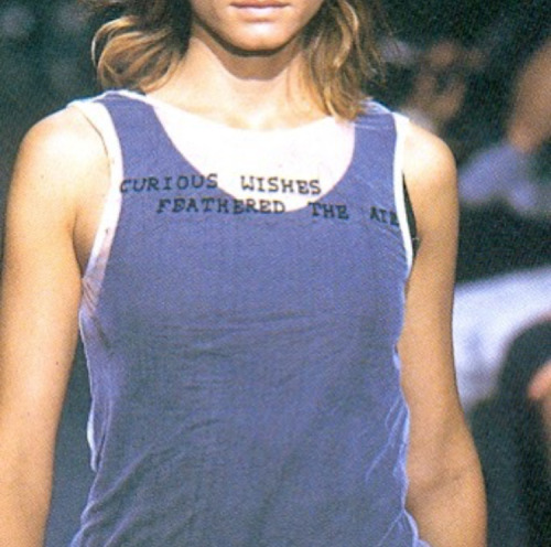 schu-schu:2000s fashion designer ann demeulemeester ss 2000 detail text print mesh superposition