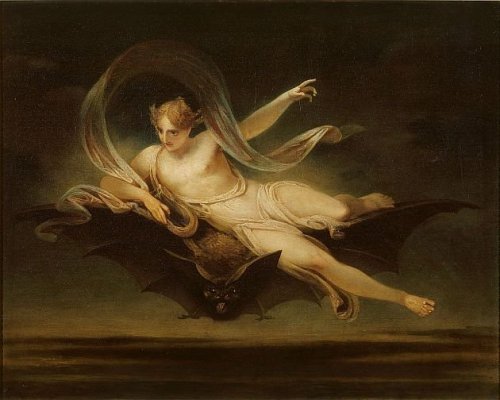 Ariel on a Bat&rsquo;s Back (1819) by Henry Singleton (England, 1766–1839). 