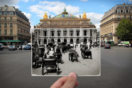 thecreativejungle:    El fotógrafo estadounidense Julien Knez utiliza antiguas fotografías de París para crear esta megnífica mezcla del pasado y el presente de la ciudad.   