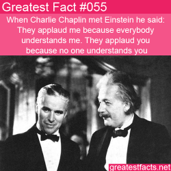 greatestfacts:  When Charlie Chaplin met Einstein he said: “They applaud me because everybody understands me. They applaud you because no one understands you.” -GreatestFacts.net 