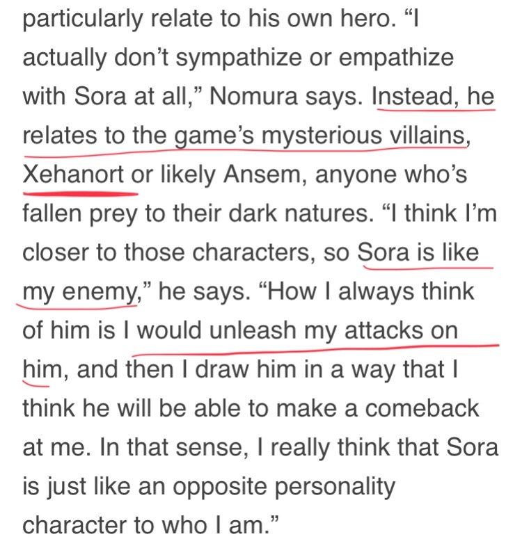 khfriendlyreminders:  hi-elixir: Me: Nomura confirmed sora will always be the protagonist so nothing too bad could happen to him in kh3 :) Nomura:   Nomura: The man of a 1000 contradicting opinions. 