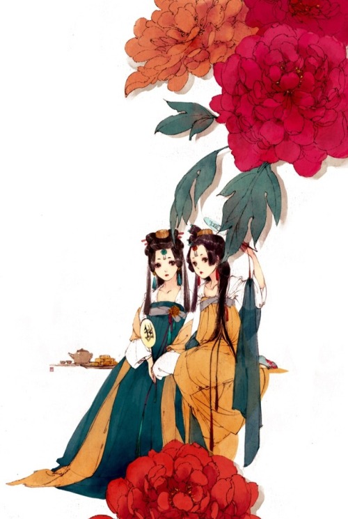 Girls in Hanfu by Chinese artist 伊吹鸡腿子. See more of her work here.