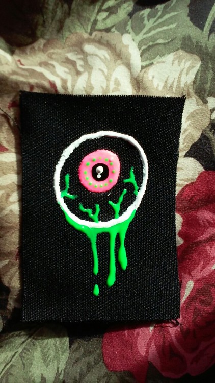 ✨✨✨HELLO!!! ✨✨✨ Cute n groovy handmade sew on patches. Puffy ‘3d’ paint on black canvas 