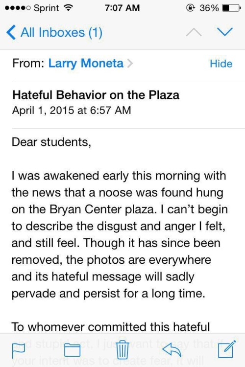 black-culture:  This morning on Duke’s campus, a noose was found. Vice President of Student Affairs has sent an email to students: