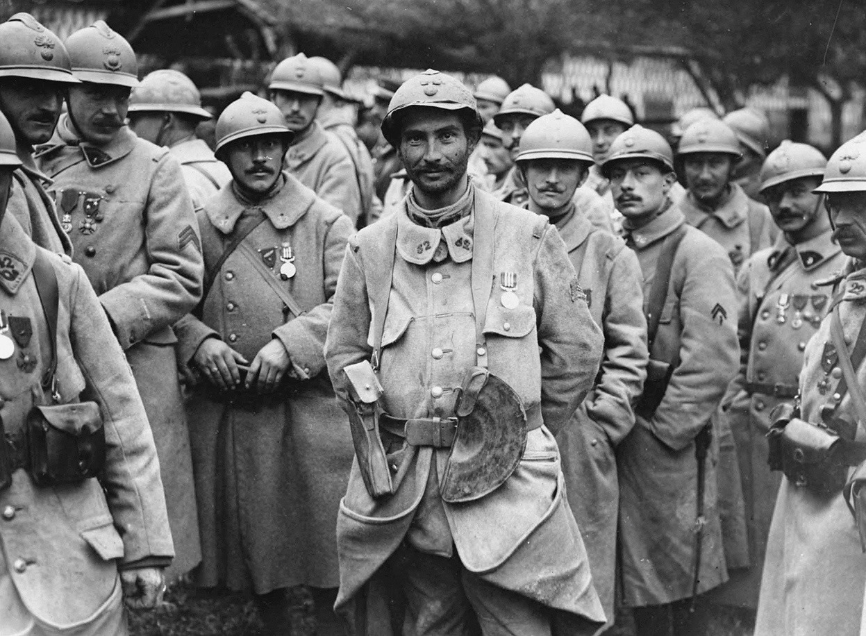 From WWI in Photos: Soldiers and Civilians, one of 45 photos. French soldiers stand in a relaxed group wearing medals. The medals appear to be the Military Medal, established on 25th March, 1916, for acts of bravery. They have probably been awarded...