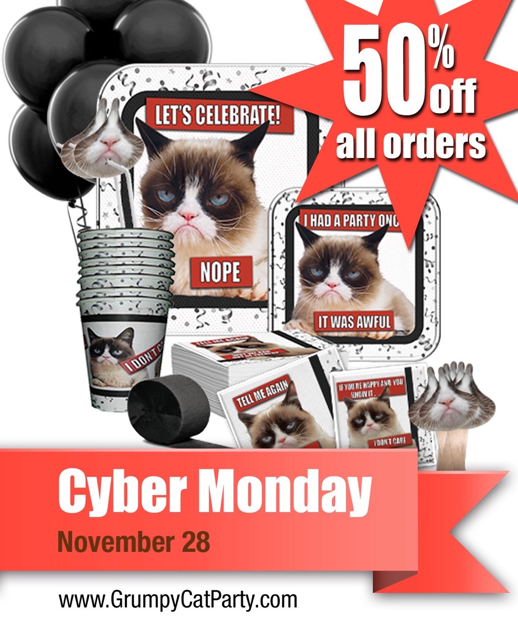Terrible #CyberMonday Deal: 50% Off Grumpy Cat Party Supplies at GrumpyCatParty.com