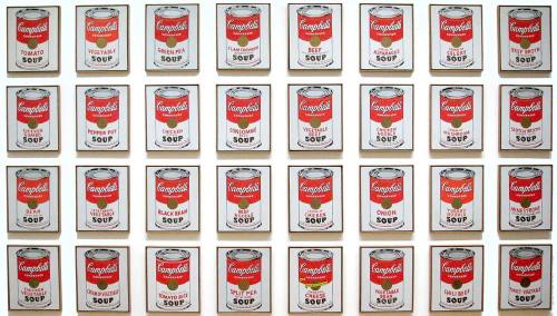 Andy Warhol, 32 Campbell’s Soup Cans, 1961–62. Acrylic on canvas, 32 works, each 20″ × 16″.