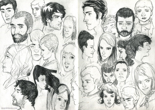 ricardobessa:  I’m done with my current sketchbook  and I filled quite a few pages with faces. Decided to collect some of my favourite spreads here, in no particular order. I’ve posted most of them already - first one is new, though. Seeing all