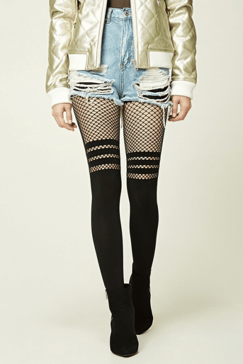 FOREVER 21 STRIPED FISHNET-PANELED TIGHTS - Fashion Tights - View more at http://www.fashion-tights.