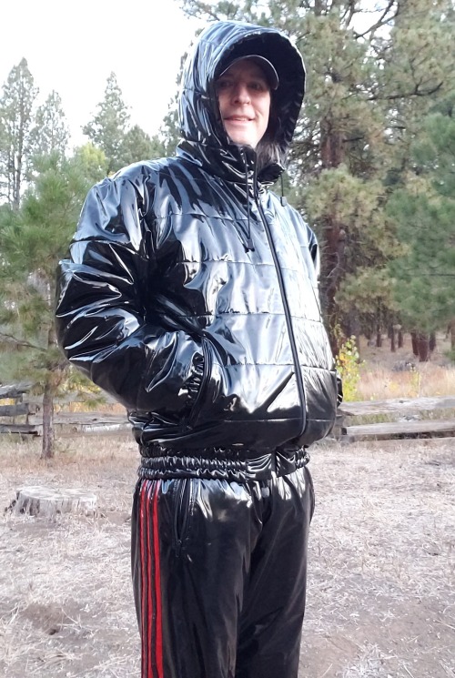 Fleece lined shiny PVC pants and jacket - perfect for a brisk morning.