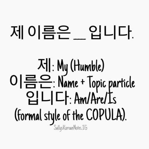 How to Introduce Yourself:   저는 ____ 입니다.  저는: I (humble) + Topic particle입니다: Am/Are/Is (formal