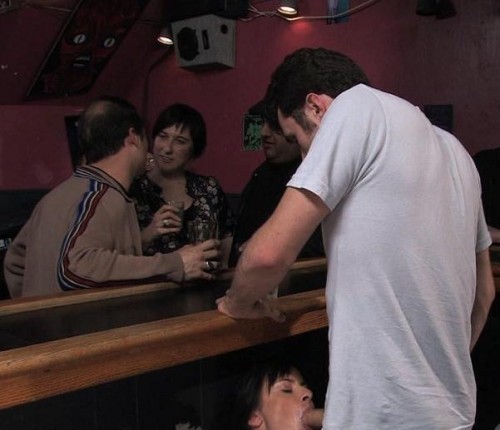 ilovewatchingmywife: At our favorite bar she gives the new bartender a sloppy blowjob.