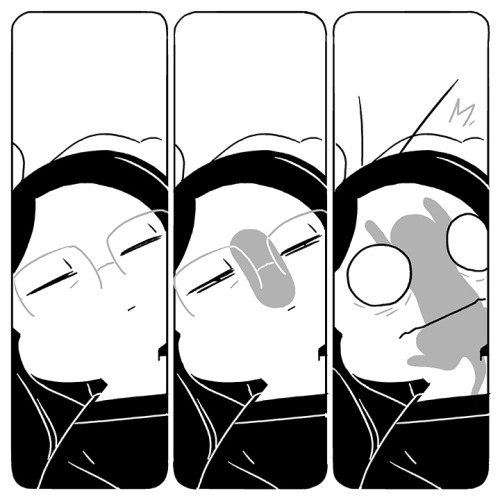 Description:  A three panel comic where I am lying down, a shadow appears on my face as I open my ey