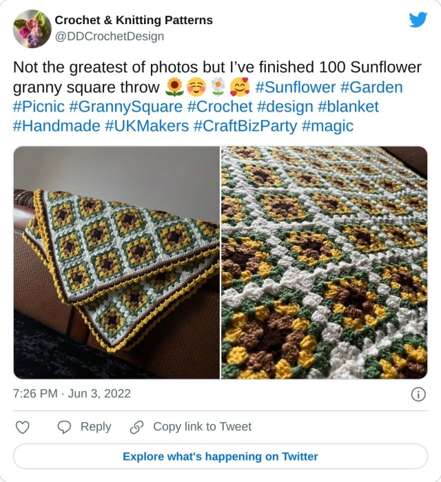 Not the greatest of photos but I’ve finished 100 Sunflower granny square throw ☺️ #Sunflower #Garden #Picnic #GrannySquare #Crochet #design #blanket #Handmade #UKMakers #CraftBizParty #magic pic.twitter.com/U04PA6Q9Tw — Crochet & Knitting Patterns (@DDCrochetDesign) June 3, 2022