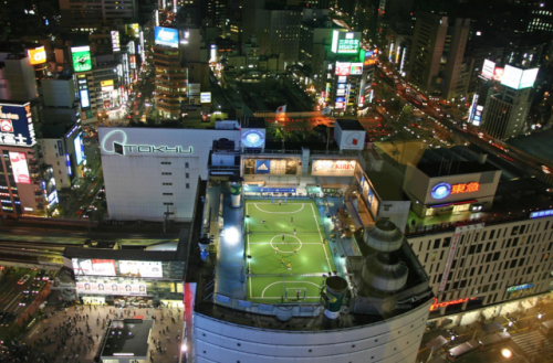 Football field on top of the building in Tokyo, Japan