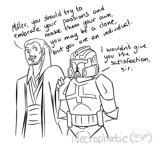 necrophatic-old:High Jedi General Qui-Gon Jinn and his long suffering Clone Commander “Millaflower” 