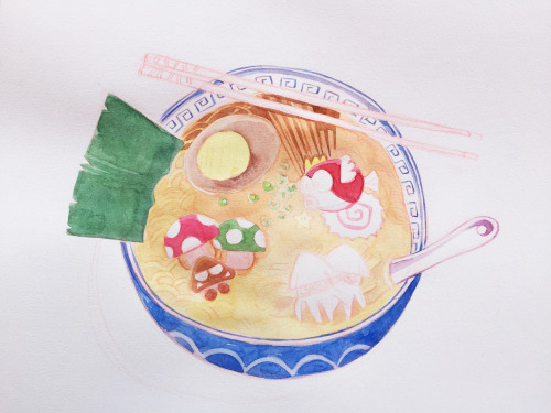 fawnv: My little painting progress from my new watercolor piece “Ramen for Champion.”&nb