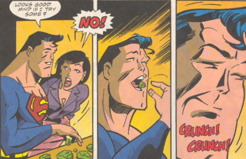 dread-pirate-rob:  dread-pirate-rob:  supermah:  what the fuck clark  This has happened like legit three times in the comics. Like, every time Kryptonite gets rendered innate. Clark has some sort of rock-eating fixation.   Here…and honorable mention,